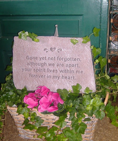 PLANT and STONE combo PLANT and STONE combo - A wonderful expression of sympathy, a concrete stone for the garden with easel. We have many sayings to choose from. Foliage, Blooming plant, and basket may change based on availability.