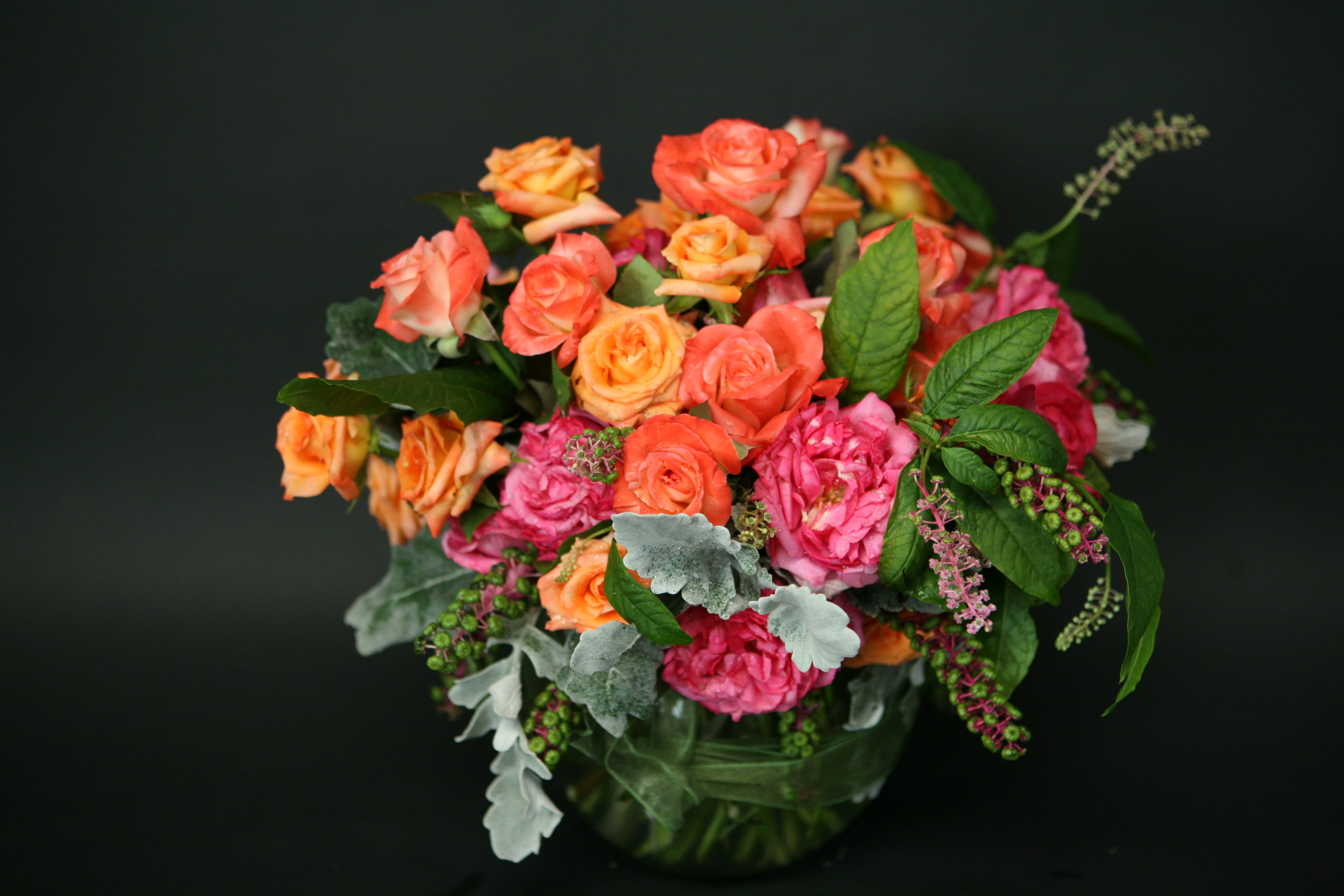 Mix Roses and Dusty Miller - Different colored roses and dusty miller make up this vibrant arrangement. 