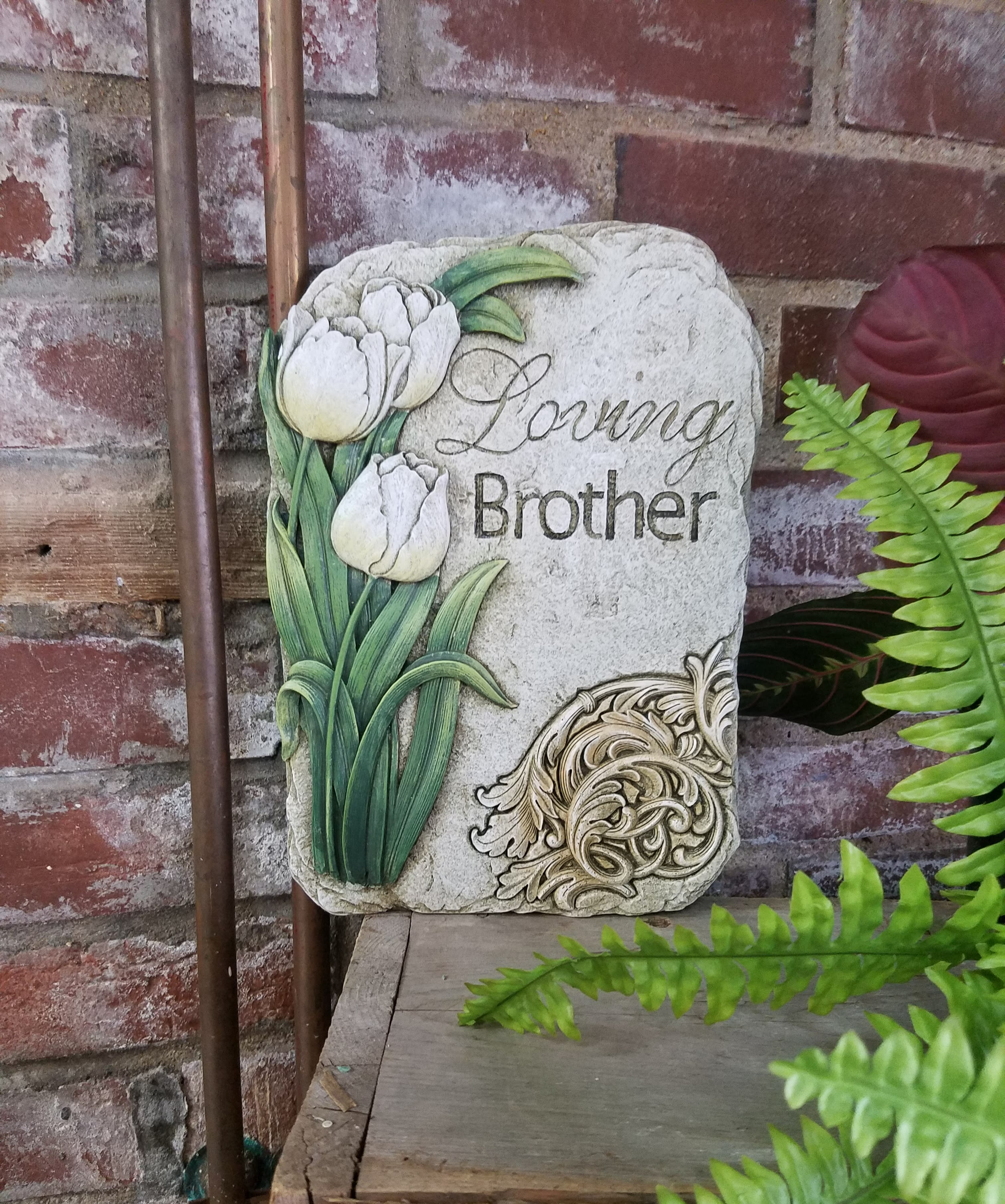 Eckert Florist's "Loving Brother" Memorial Plaque *LOCAL DELIVERY ONLY Eckert Florist's "Loving Brother" Memorial Plaque *LOCAL DELIVERY ONLY - Resin plaque measures approx. 7.5" W X 10.5" H *May be added to a fresh arrangement or green plant. See Deluxe and/or Premium upgrades. *See Add-on Section for Display Easel *LOCAL DELIVERY ONLY