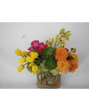 Marina - A playful arrangement of hot pink roses, orange dahlias, sunny yellow tulips and cymbidium orchids, complete with succulents and garden green hydrangea.  *Please be aware that dahlias are seasonal and may have to be substituted with ingredients similar in color, texture, and value. Call to inquire!  Product ID: DF-1324