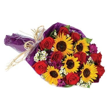 Thinking Of You Hand-Tied Bouquet Thinking Of You Hand-Tied Bouquet - Any occasion is the right occasion to let someone know they're in your thoughts. This superbly designed hand-tied bouquet includes sunflowers, red roses, purple alstroemeria and solidago...sure to bring a whole bunch of happy thoughts to your recipient. Small Measures 20"H X 10"L. Large Measures 24"H X 12"L