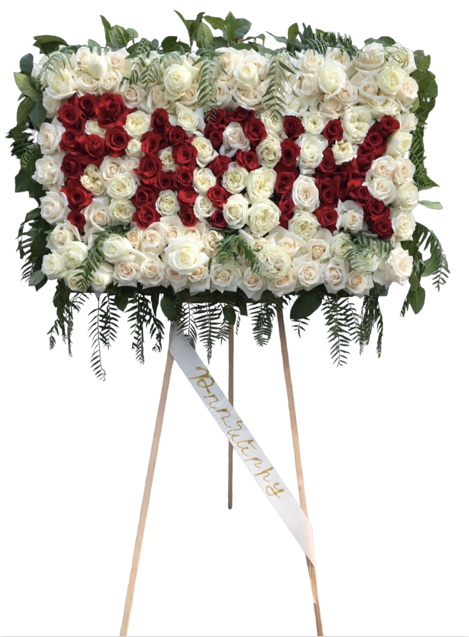 Loving you forever Loving you forever - Funeral arrangement is made will roses. Spelling out the name of the loved ones.