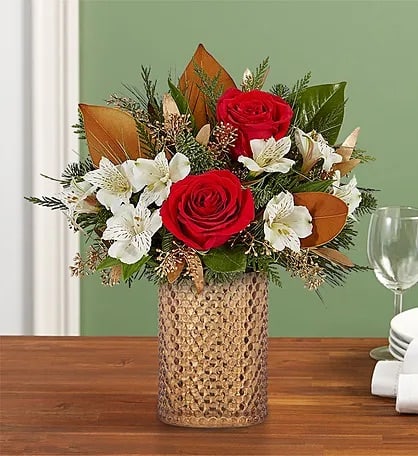Shining bright bouquet  - Christmas colored blooms arranged in a vintage style hobnail vase