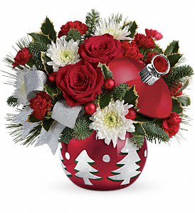 Teleflora's Sparkling Winter Wonderland - Red roses, red miniature carnations and white cushion spray chrysanthemums are arranged with variegated holly, noble fir, white pine and seasonal decorations. Delivered in a Sparkling Winter Wonderland ornament jar. Approximately 12 1/2 W x 12 H