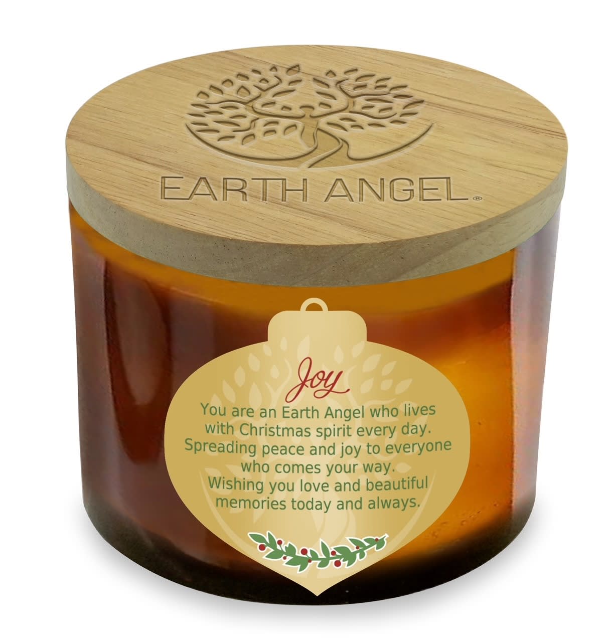 Joy Ornament Candle by Earth Angel - This 12 Ounce 2 wick lead free candle made with natural soy. Measures 4 3/8&quot;Wide and 3 1/4&quot; High crafted with a wood embossed lid. Clean burning and soot free with a pleasant Christmas Cookie fragrance. Will burn for over 35 hours. Joy- You are an Earth Angel who lives with Christmas spirit every day. Spreading peace and joy to everyone who comes your way. Wishing you love and beautiful memories today and always.