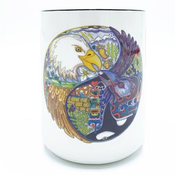Love Birds Eagle/Raven 15 Oz Mug by Sue Coccia Love Birds Eagle/Raven 15 Oz Mug by Sue Coccia - Her Animal Spirits are inspired drawings in pen and ink, then meticulously painted with acrylics. The drawings depict animals from around the world. The totems reflect a deep spirituality, and when we begin to understand and respect their individual qualities and strengths, we realize we are all connected. 15 Oz mug is dishwasher and microwave safe. -A portion of the proceeds from this product will go to support wildlife conservation Made in United States of America