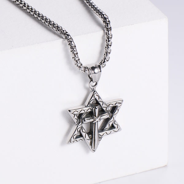 Men's Stainless Steel Star of David with Cross Pendant and Neck Chain Men's Stainless Steel Star of David with Cross Pendant and Neck Chain - Stainless Steel Star of David and Cross Pendant with Neck Chain 24" Stainless Steel