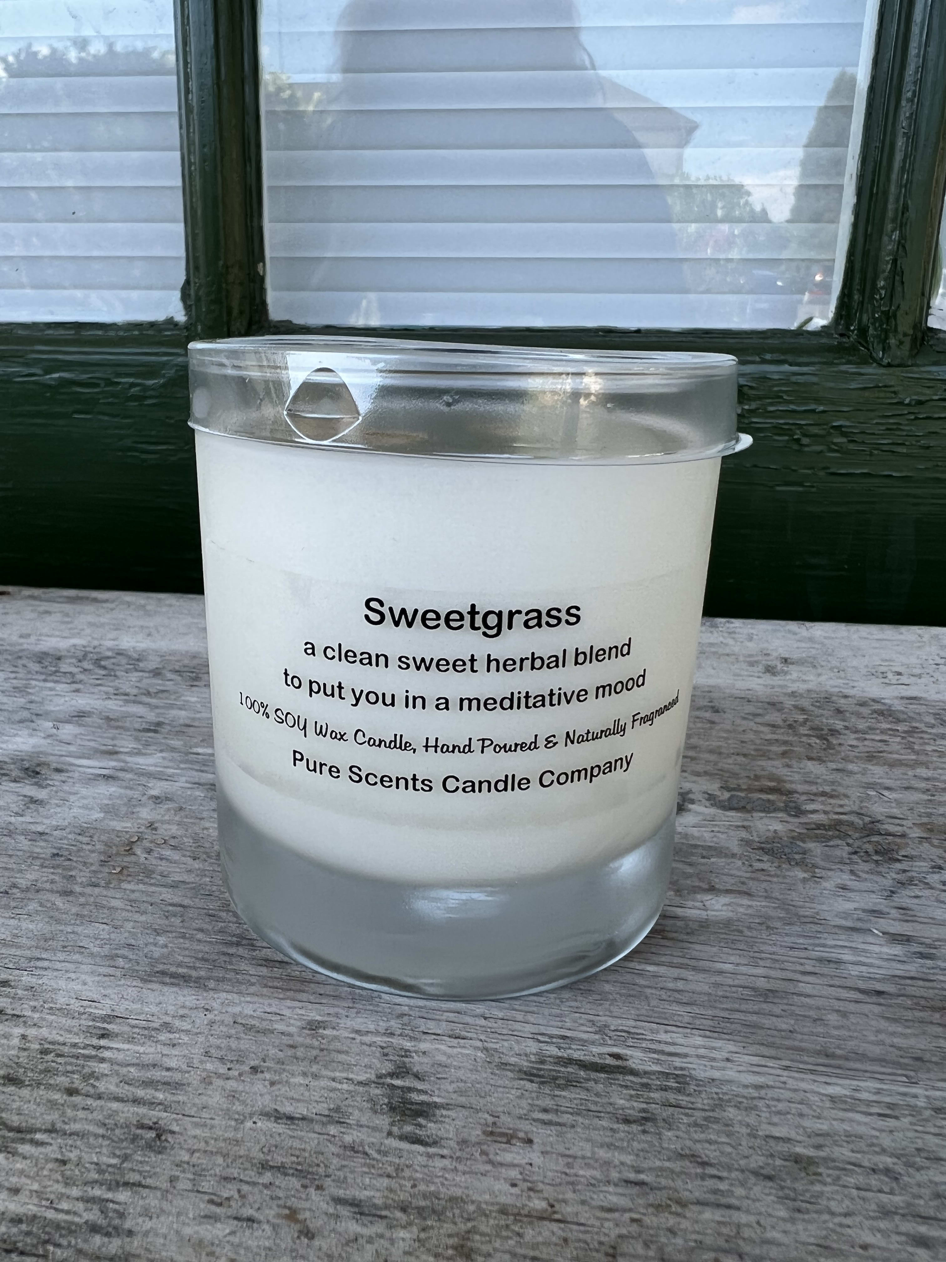 Pure Scents Candle Company - 9oz 100% Soy Candle- Sweetgrass - Local, hand-poured, 100% soy made with natural fragrances. Every candle smells amazing!  Perfect addition to any gift! Available for pick-up or add-on to any plant or flower arrangement for delivery. Specify scent in special instructions.