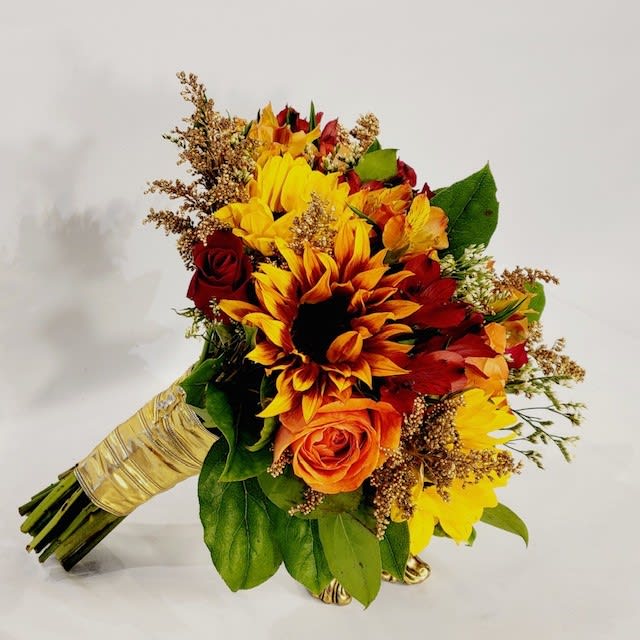 Sunflower Handheld Bouquet  - Beautiful bouquet for Prom, Homecoming, Wedding or Just Because. Hand-tied with Gold ribbon. Sunflowers, Red Alstro, Orange Alstro, Orange &amp; Red Roses, Lemon Leaf and Gold Filler. 