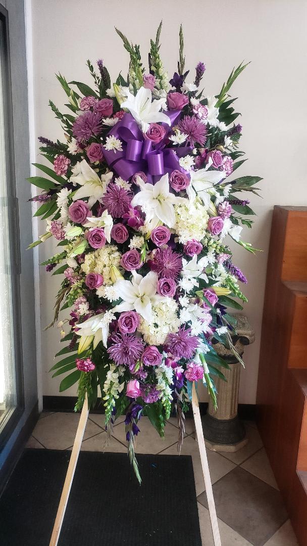 FUNERAL STANDING SPRAY WS-004 FUNERAL STANDING SPRAY WS-004 - STANDING SPRAY WITH ROSES, LILES, SNAPDRAGON, GLADIOLAS. CARNATION, LIATRIS, SPIDER MOM, HYDRANGEA