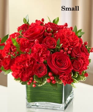 All My Love - All Red - Product ID: 95396  The symbol of courage and strength, an all-red bouquet conveys your sympathies with striking beauty. Our florists fill a stylish cube vase with roses, spray roses, Gerberas, carnations and more to send a fitting tribute during times of sorrow. Elegant arrangement of red roses, spray roses, Gerbera daisies, carnations, mini carnations and hypericum, accented with variegated pittosporum and myrtle Artistically designed by our florists in a classic clear glass cube vase lined with a Ti leaf ribbon; vase measures 5&quot;H x 5&quot;D Appropriate for the service or for sending to the home or office of friends and family members Large arrangement measures approximately 11&quot;H x 11&quot;L Medium arrangement measures approximately 10&quot;H x 10&quot;L Small arrangement measures approximately 9&quot;H x 9&quot;L Our florists hand-design each arrangement, so colors, varieties, and container may vary due to local availability