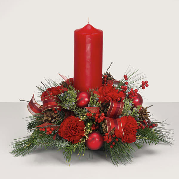 Season's Greetings Centerpiece - Beautifully arranged using fresh flowers in the signature colors of the season