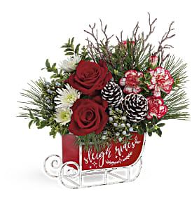 Teleflora Dashing Sleigh Bouquet - Red sleigh, christmas greenery, roses
