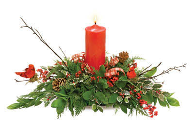 Nature's Centerpiece - Very Natural with Holiday Evergreens, Pinecones, Red Berries, Birch, and a Pillar Candle accented with Red Cardinals.