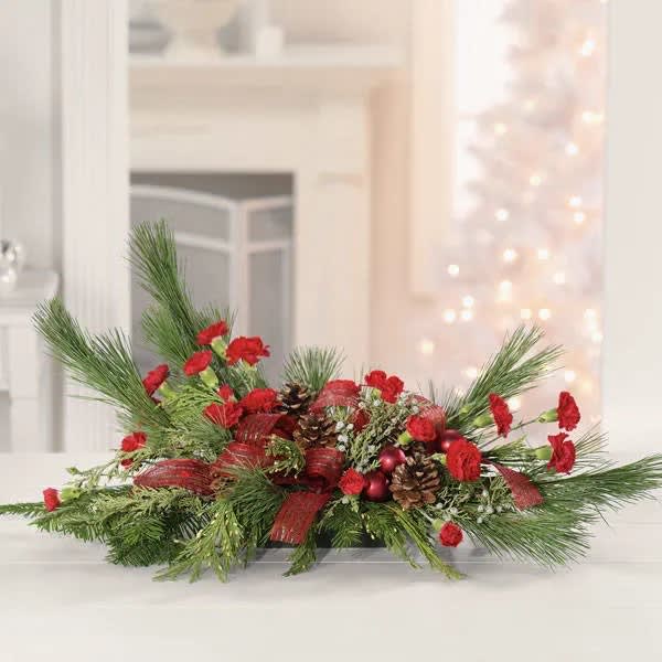 Festive Pine Centerpiece Festive Pine Centerpiece - Fresh Pine with Mixed Greens And Red Pixies.