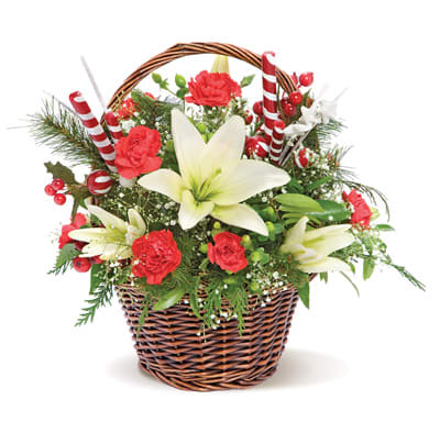 PepperMint Basket PepperMint Basket - White Lilies, Red Carnations, with Holiday Evergreens Accented with Candy Canes.