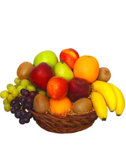 Mixed Fruit Basket - (Please remember that each selection is custom made and substitutions may be necessary. Your order will be produced as closely as possible to the picture.)  Includes: Round Basket,   Pieces Of Asst Seasonal Fresh Fruit, (Items Shown: Bananas, Nectarines, Apples, Oranges, Grapes, Pear &amp; Kiwis).