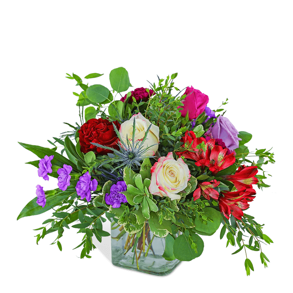 Blooming Jewel - Blooming Jewel is a classic bouquet composed of Roses, Alstroemeria, Carnations, Eryngium, and premium foliage artfully designed in a clear cube. Its stylish and elegant jewel tones will bring a touch of romance to any room. Rich colors and romantic beauty make this an ideal gift to send for Valentine's Day, an anniversary, or any day you want to show your love.