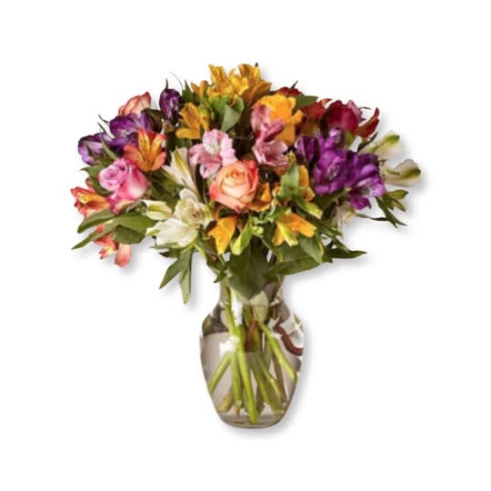Smiles &amp; Sunshine - Send a sunny splash of color and brighten their day with this vibrant arrangement of assorted alstroemeria and multi-colored roses. Symbolic of friendship and devotion, each stem of alstroemeria has multiple blooms and is sure to warm their heart.