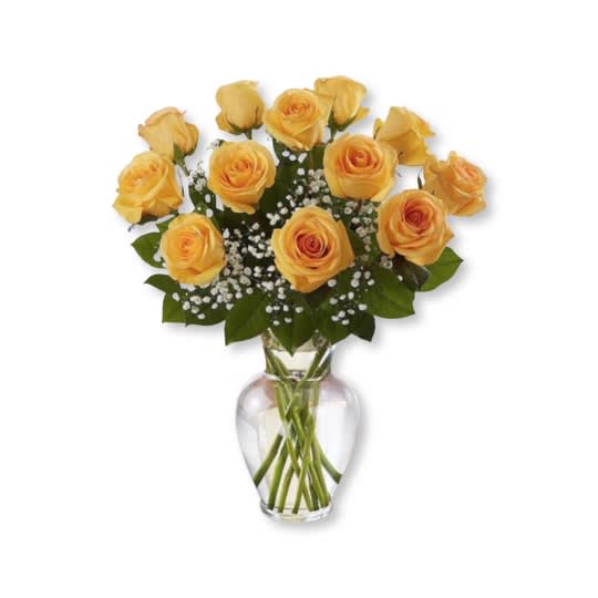 Yellow Rose Elegance   - Our sunny yellow roses are an elegant surprise for someone who brings joy and happiness to your life. Beautifully arranged with lush greenery and baby's breath, inside a classic glass vase with 12, 18, or 24 cheerful blooms. Ready to delight the people you care about for big celebrations and every “just because” moment in between.