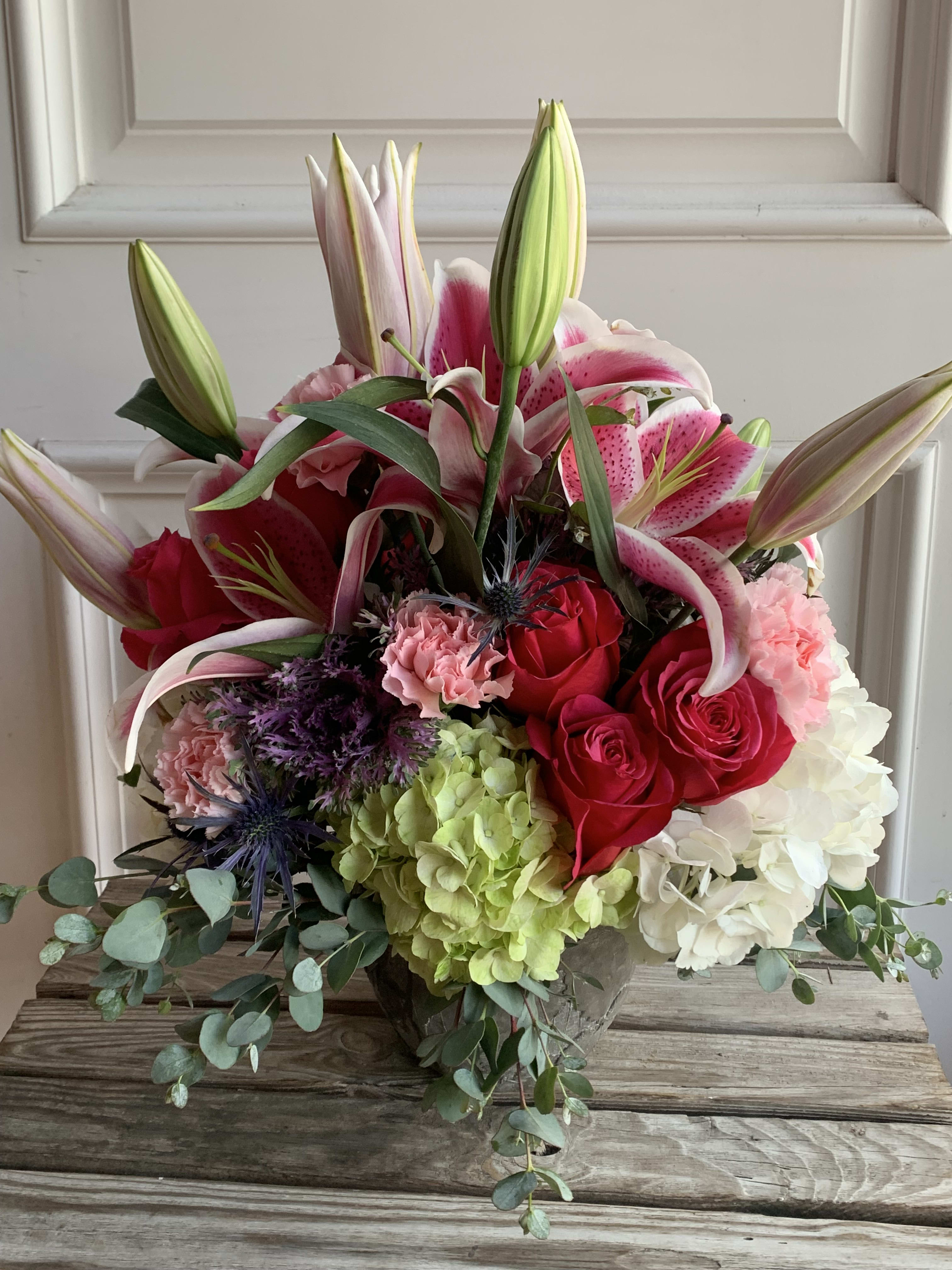 Thinking of you  - Great for any occasion this bowl full of Roses, Hydrangeas, Carnations, and Lillies is perfect for any occasion . 