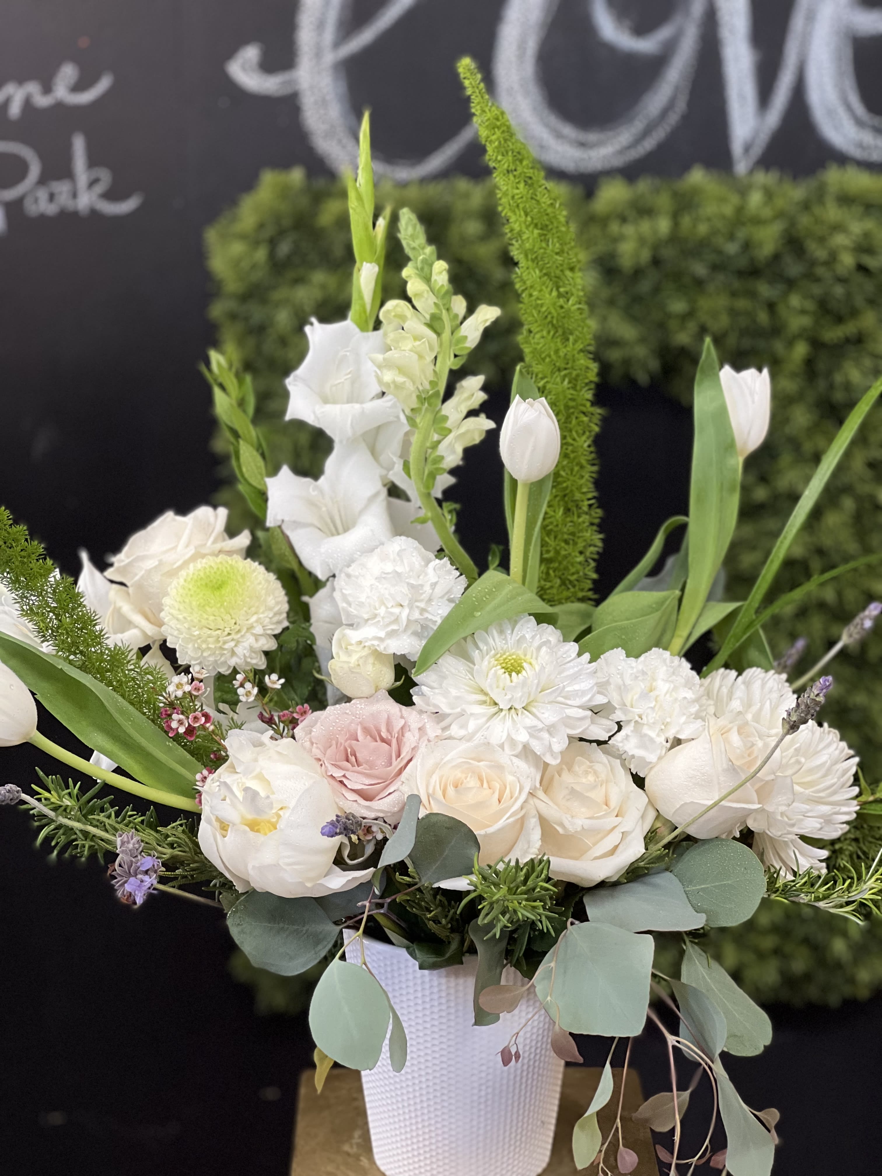 Song of the Flowers 85 - Mixture of white flowers created natural style by Charlene perfect for sympathy and any occasions who loves white flowers