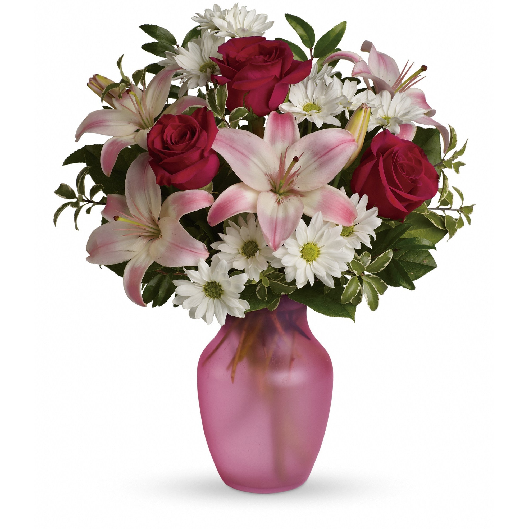 She's the One Bouquet by Teleflora - Your one and only love deserves an equally singular bouquet. Pamper her with this romantic mix of blooms presented in a beautiful matte rose colored glass vase. 