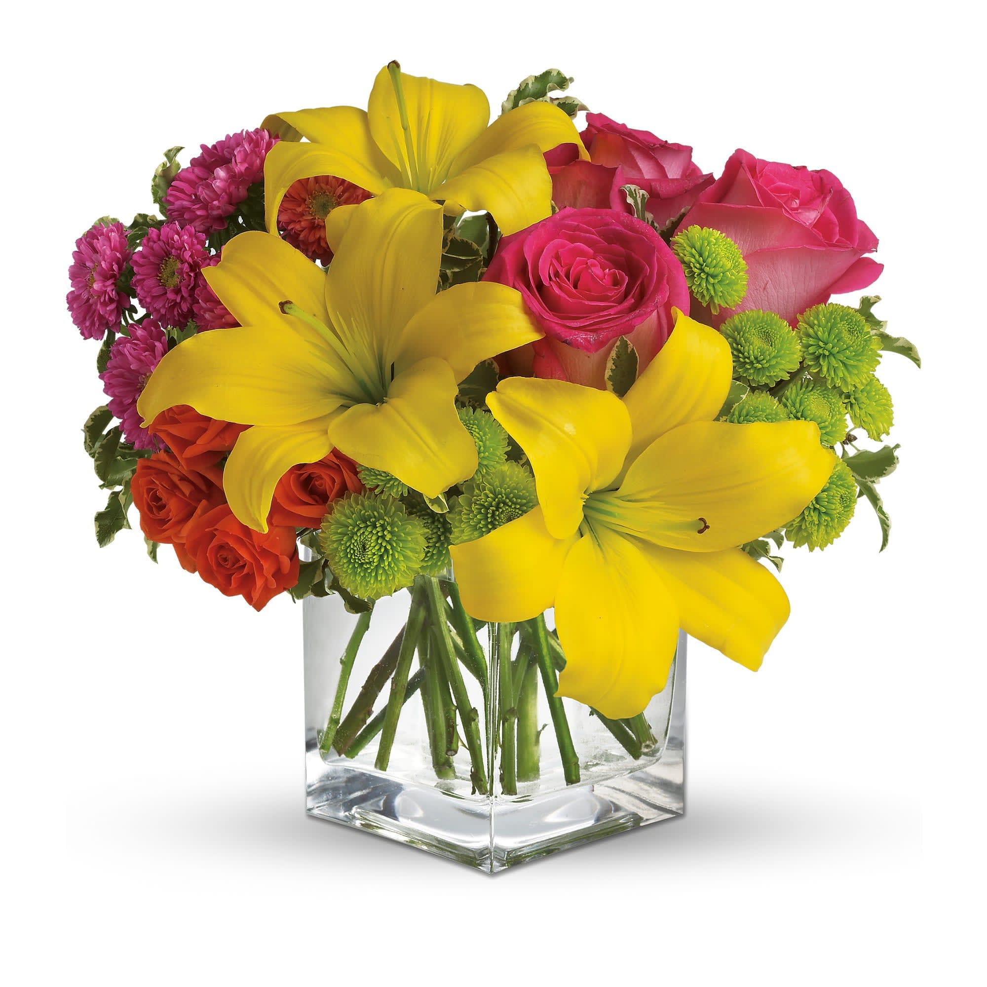 Teleflora's Sunsplash - Send this summery bouquet and you'll make a splendid splash! Perfect for birthdays, thank yous, barbecues and beyond. This warm-weather charmer will be welcome everywhere! 