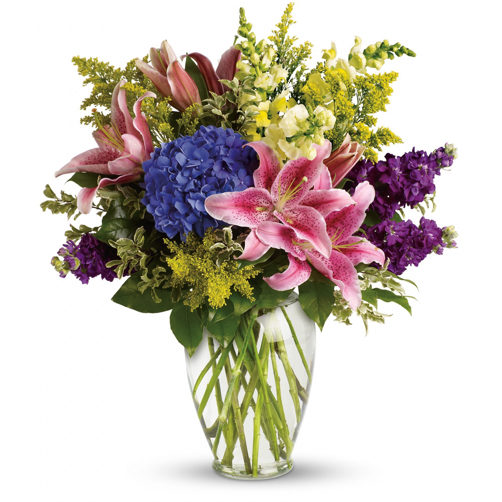 Love Everlasting Bouquet by Teleflora - Let the family at home know you are thinking of them with this lovely bouquet of pink lilies, blue hydrangea and other floral favorites. It will mean a lot.  