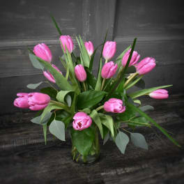 Tulips - 15 fresh cut tulips, simply designed in a clear glass vase. Available for a limited time only! *** appx 14&quot;h x 10&quot;w