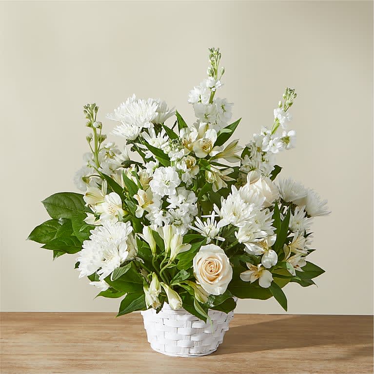Eternal Affection - Share how much you care with an abundance of elegant white florals. Designed in a basket, Eternal Affection features alstroemeria, roses, poms and more. A fitting gift to send for sympathy, get well or any occasion.