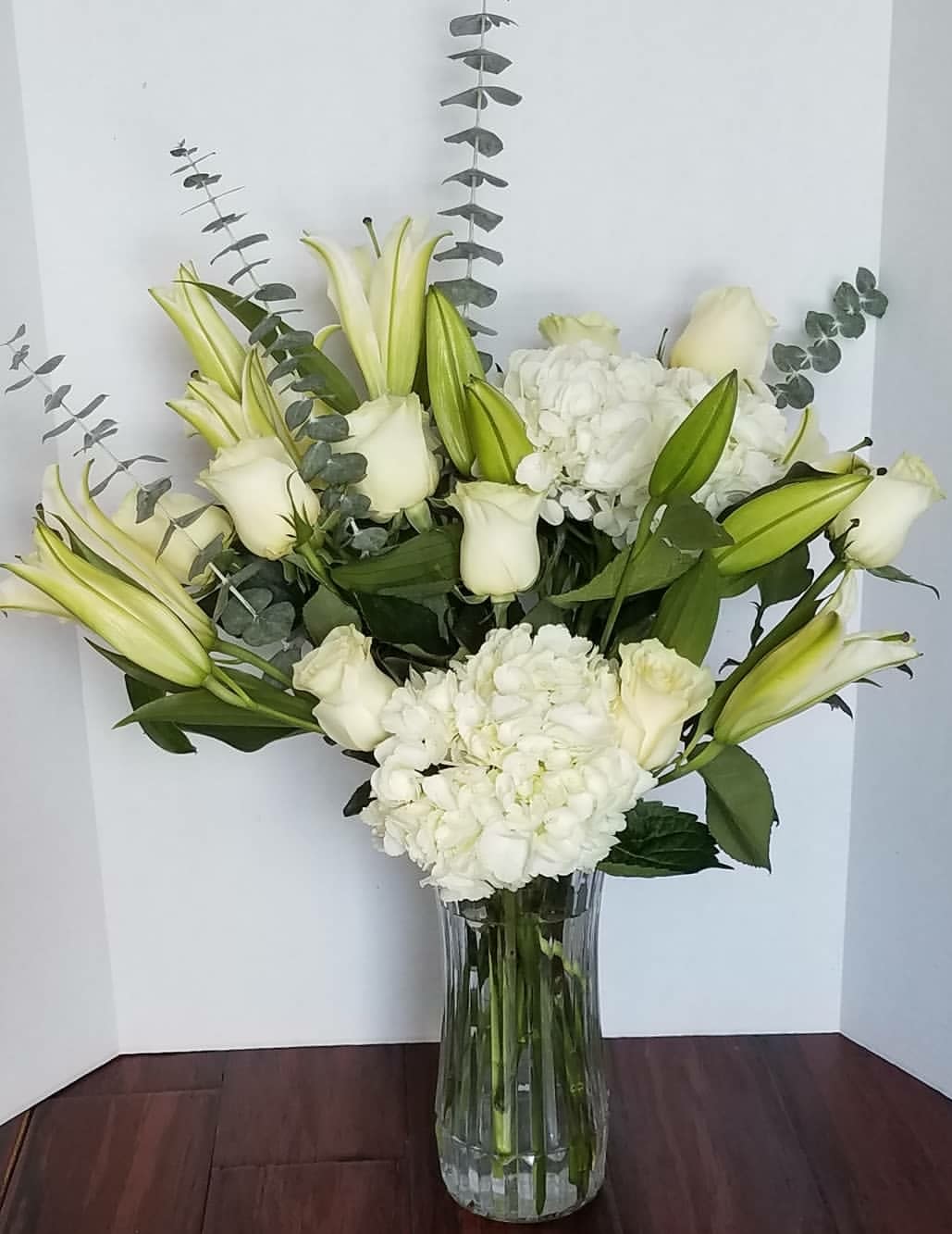 Purity Mix - Beauty of an all white mix of lovely blooms including roses, Lillies and Hydrangea 