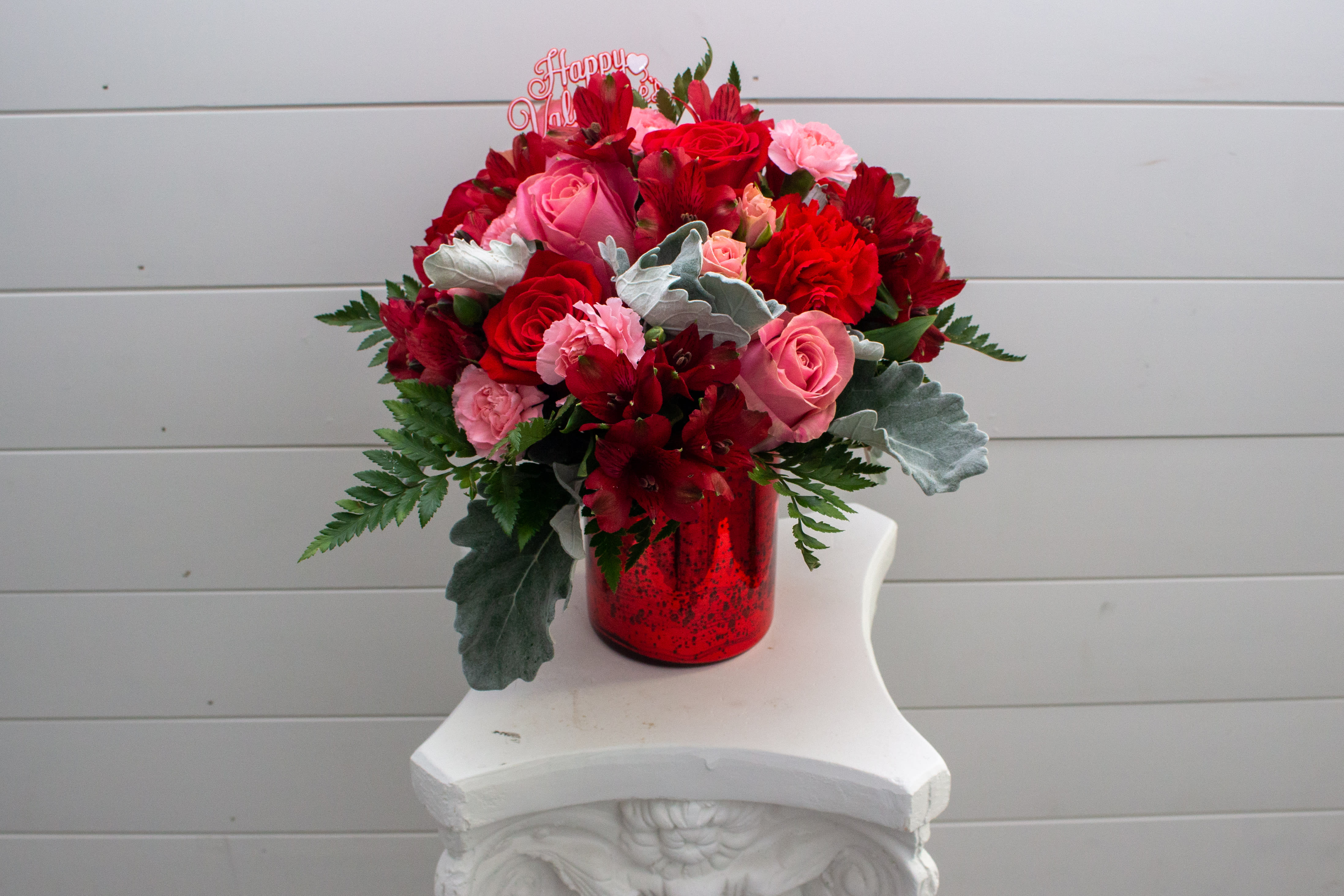 Ruby Rose Valentines  - The Ruby Rose Valentine is a Forevermore farm Floral original design. The shorter ruby rose vase is filled to value with dusty miller, carnations, roses, and greenery! Perfect for a sweet and elegant way to say I love you!