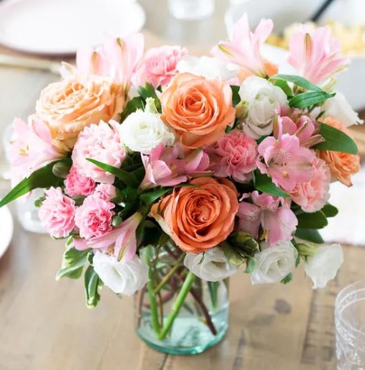 Peaches romance Valentine's Day bouquet Peaches romance Valentine's Day bouquet - A soft and tender bouquet, perfect for expressing your gentle loving thoughts through delicate peach and light pink blossoms. Seasonal flowers are expertly arranged by an experienced local florist and hand-delivered to your sweetie. Show her how much you value the tender side of romance for her Birthday, Valentine's Day, or just because! • Peach Roses • Pink Carnations • Pink Alstroemeria • White Lisianthus