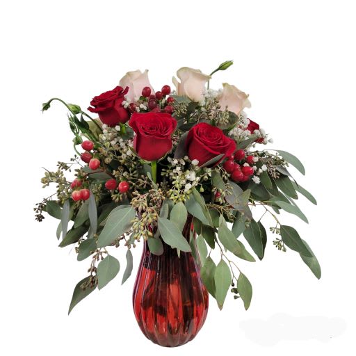 Alluring - Who would not find this arrangement alluring?? With 10 roses and lisianthus and fillers in a red vase, it is elegant and yet very full of movement...the movement of love!