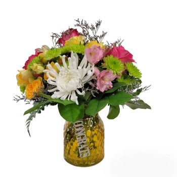 Congrats! - The yellow/orange vase is stunning and has the dangle on it - CONGRATS!  The flower mix of roses, baby roses, alstromeria and poms are assorted in color - shown here with pink, white, hot pink and green.