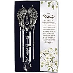 Gift Boxed Chime Our Family 10 34" Long x 2 1/2" Wide Gift Boxed Chime Our Family 10 34" Long x 2 1/2" Wide - Metal and high quality glass crystals. Chime is 10.75" long and 2.5" wide. Gift boxed. Includes words to Our Family is A Circle on separate card. It reads "Our family is a circle of strength and love,with every birth and every union, the circle grows. Every joy shared adds more love, every challenge faced together makes the circle stronger.