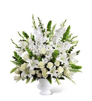 Serenity Arrangement - The Serenity Arrangement is a brilliant expression of peace and soft serenity. White roses, carnations, gladiolus, stock, and Oriental lilies are accented with the bright green stems of Bells of Ireland and a gorgeous assortment of lush greens, while seated in a white designer plastic urn to create a beautiful way to honor the life of the deceased. 