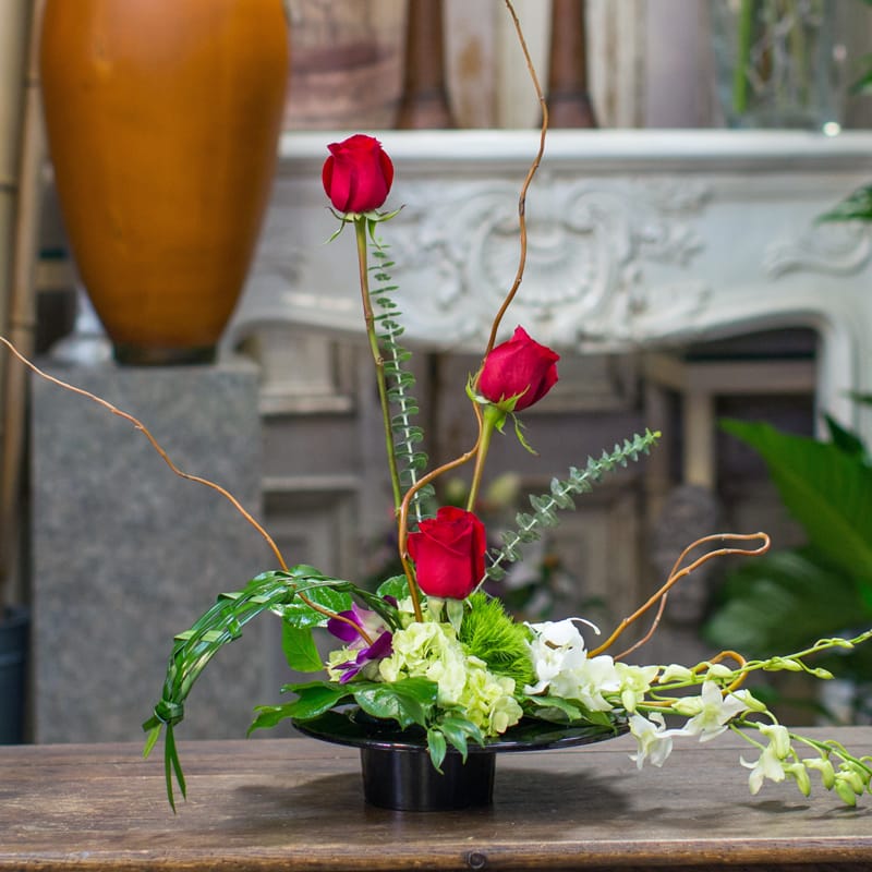 Intrigue Intrigue - Contemporary arrangement of red roses, white dendrobium orchids, green carnations and mixed tropical foliages.