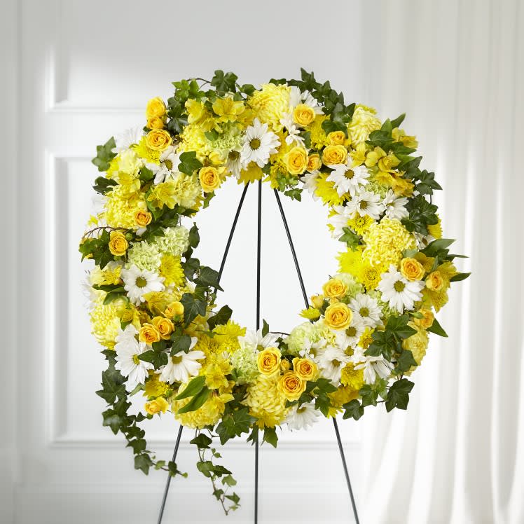 Yellow and White Wreath - Assortment of yellow and white flowers. Standard option is pictured. May vary from photo. 