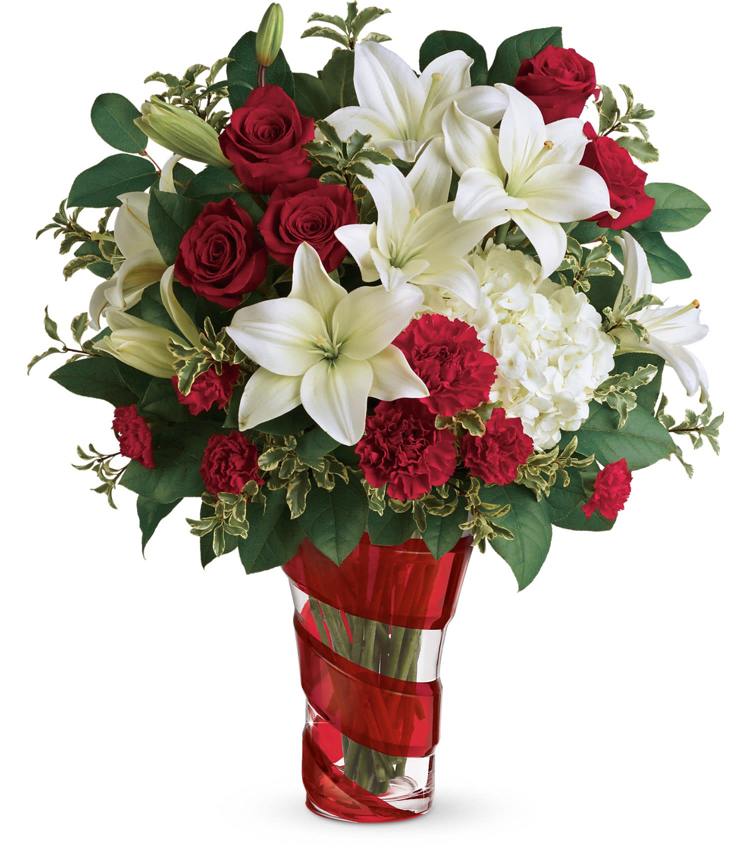 Work Of Heart Bouquet - Wrapped in a ribbon of crimson glass, this gorgeous art piece is the perfect presentation for a breathtaking Valentine's Day bouquet of roses and lilies.
