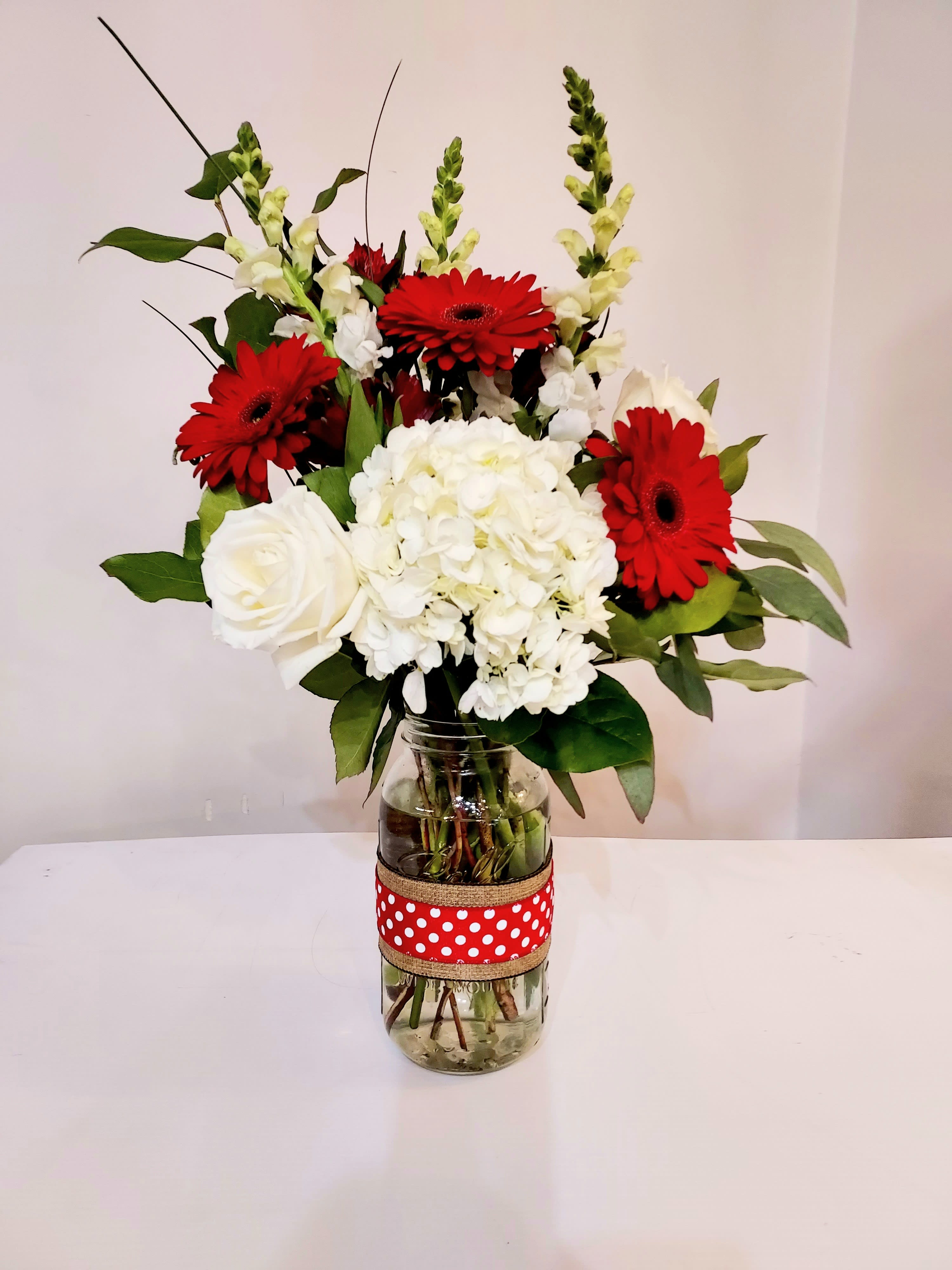 Country Love -  Happy Gerberas with a Hydrangea, splash of roses and Snapdragons!! 
