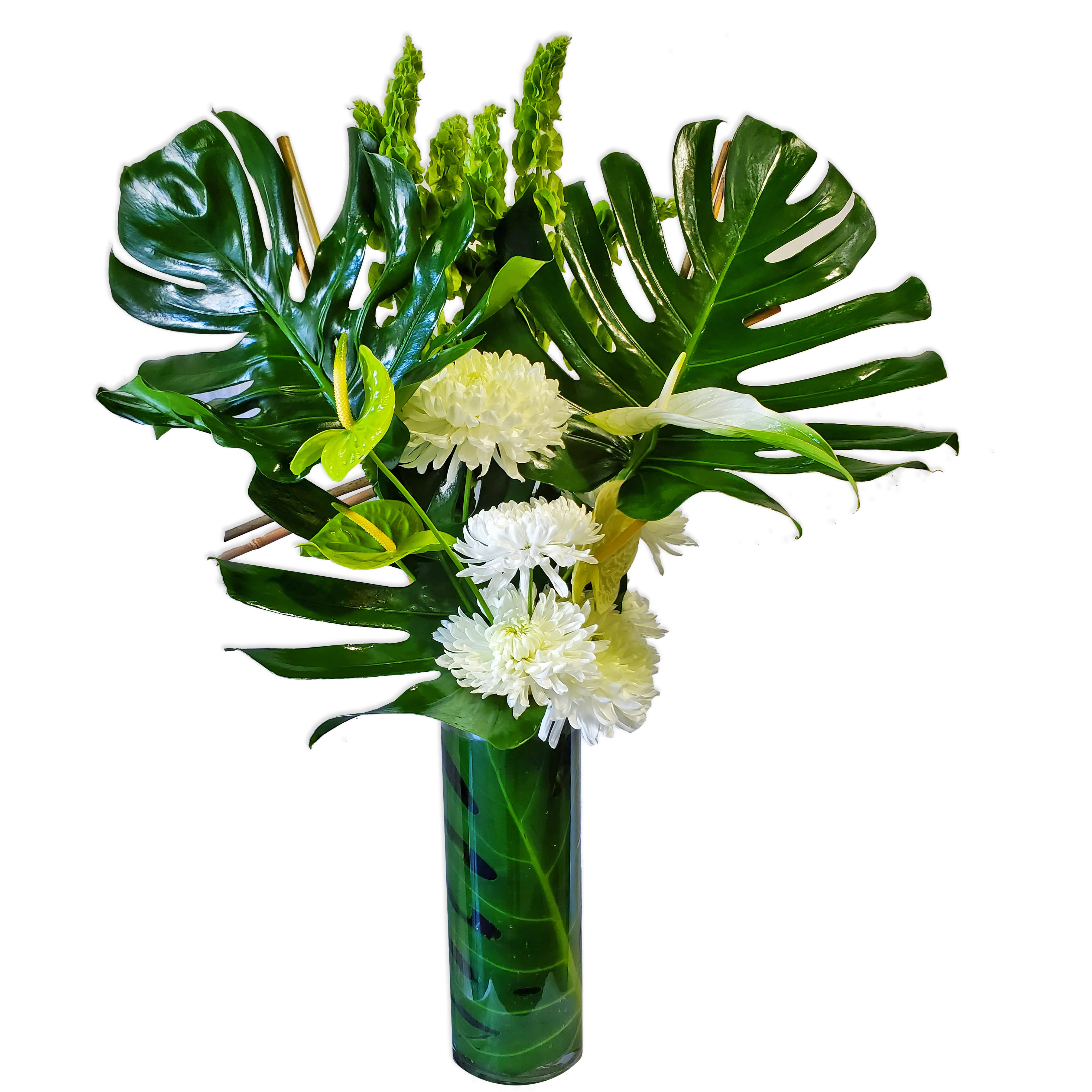 Green Goddess Green Goddess - Anthuriums, white flowers and green palm leaves Arrangement