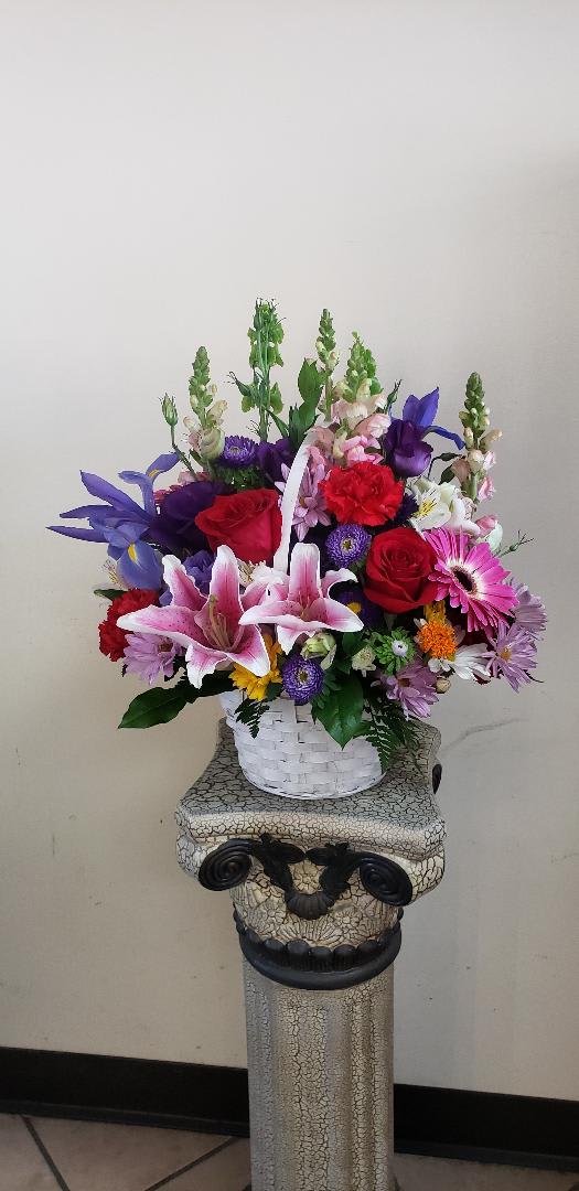 WHITE HANDLE BASKET WV-018 WHITE HANDLE BASKET WV-018 - WHITE BASKET WITH PINK LILIES, ROSES,SNAP DRAGONS, IRIS, POMPOM ETC.