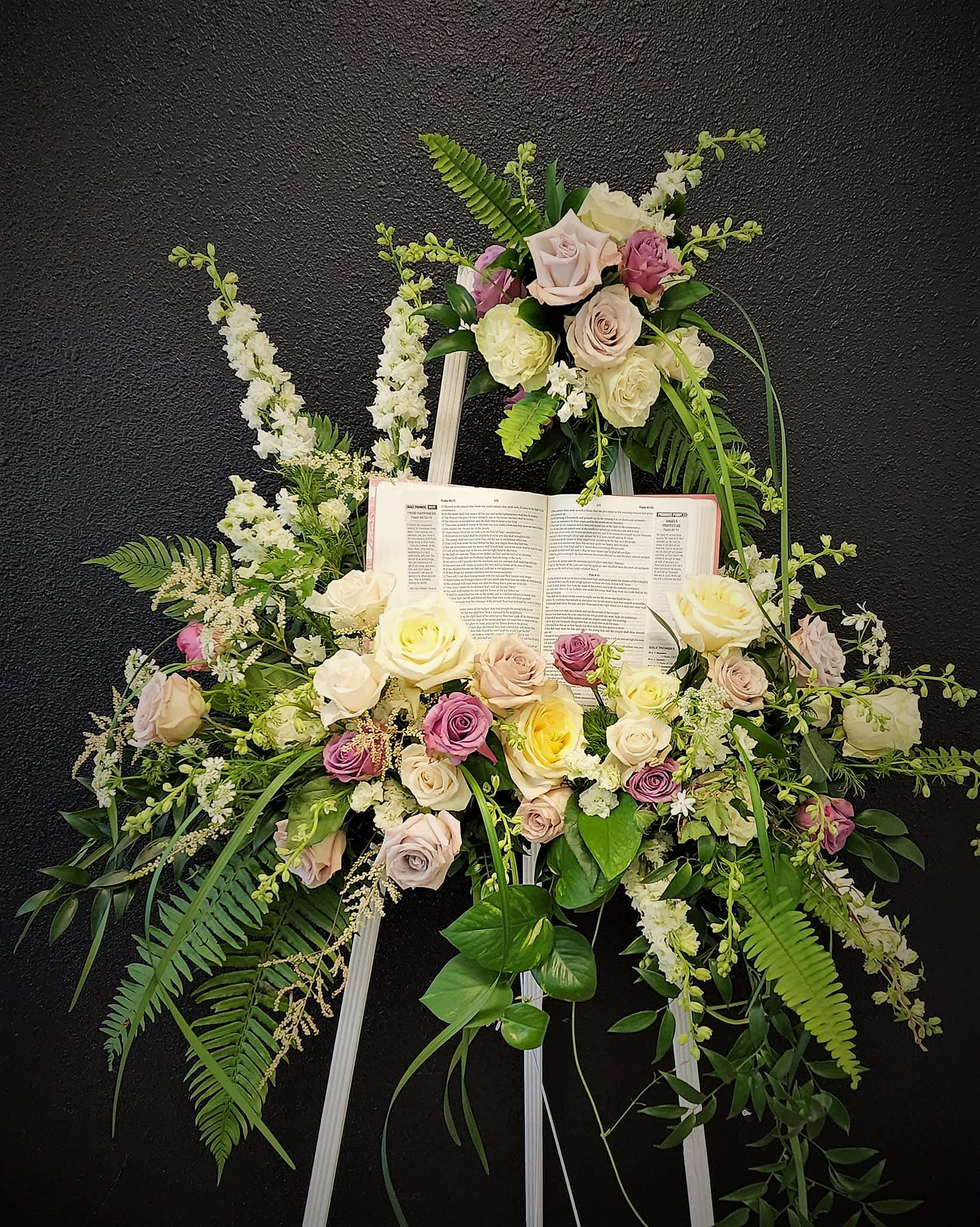 Lavender and White Floral Easel with Bible/ Picture Frame - The Lavender and White Floral Easel with Bible/ Picture Frame is a beautiful way to share your faith and remember loved ones.  It's perfect for displaying a favorite photo of your loved one or verse from the Bible. Please comment in special instructions Bible or Frame.  Photograph must be provided.  