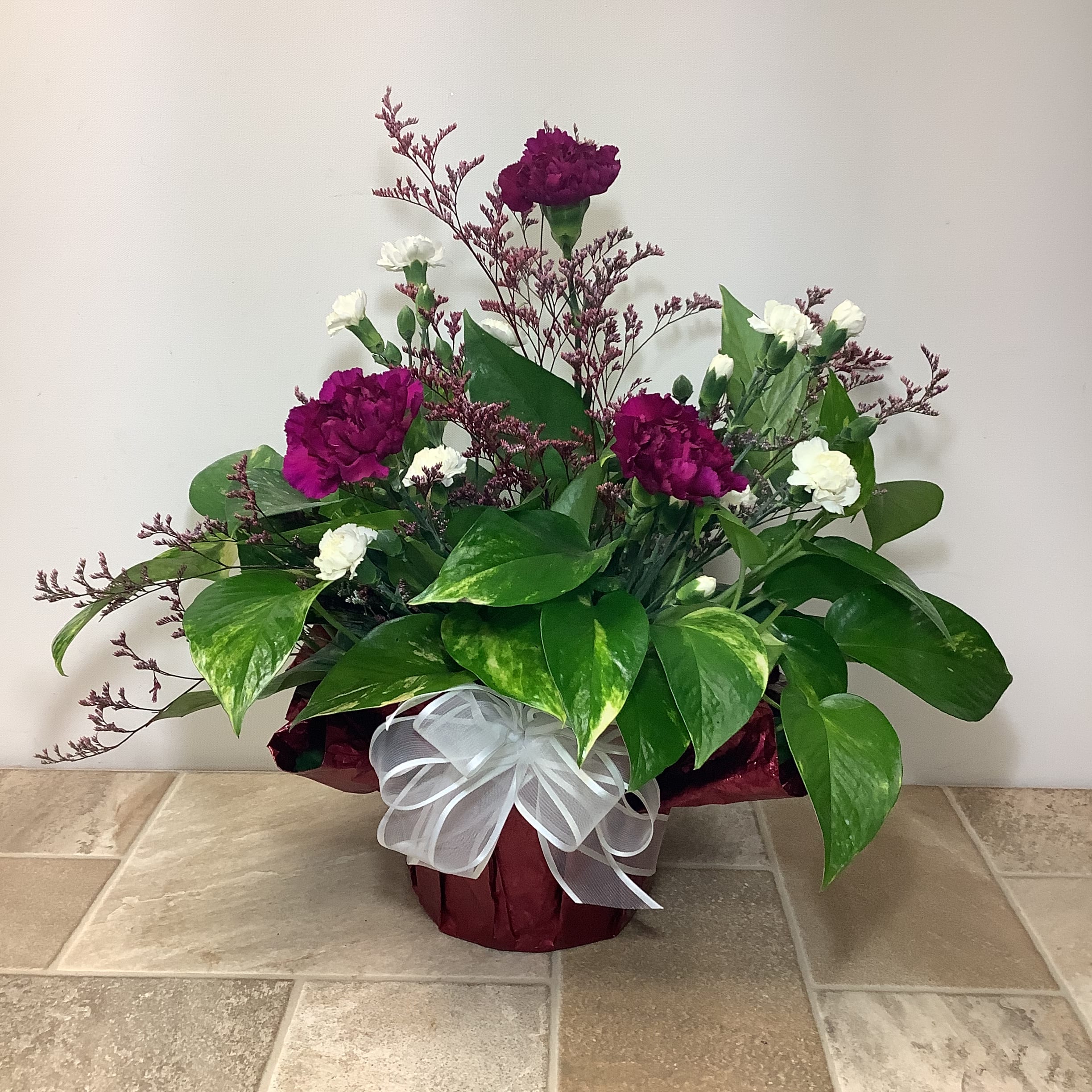Pothos Plant with Carnations - Wine colored carnations, burgundy limon and white mini carnations perfectly enhance this hardy pothos plant. It’s super easy to grow too!