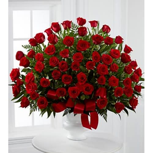 Show Stopper Show Stopper - 5 Dozen Roses premium long stem roses arranged in a vase with mixed greens. A total show stopper!
