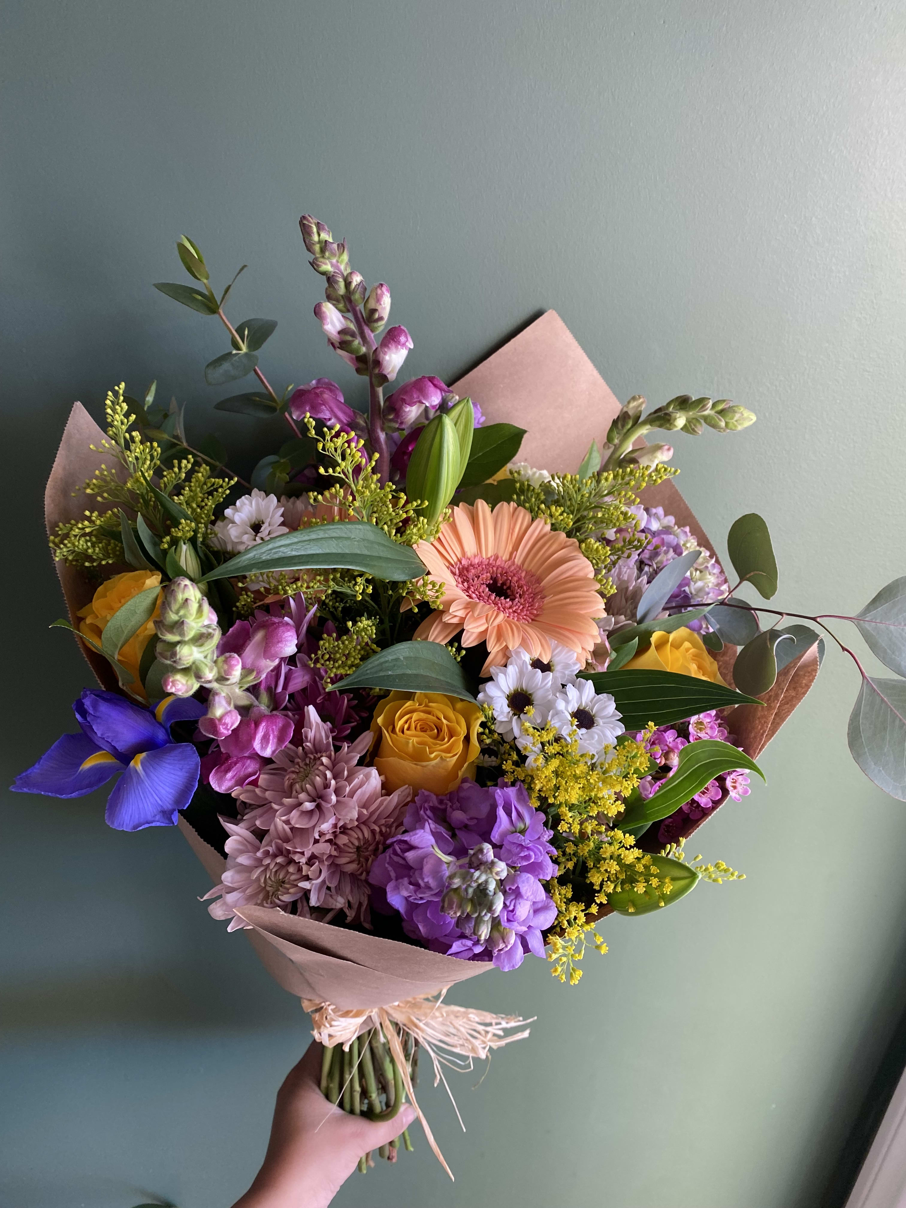 Joy! - Boost your energy or a love one with a mix color of fresh blooms, hand wrapped with kraft paper. A perfect gift for any occasion