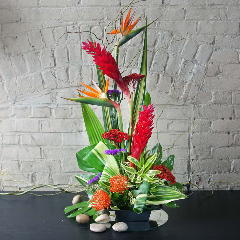 Paradise Found - Bird of Paradise, red ginger, orange pincusion, protea, with assorted tropical greens
