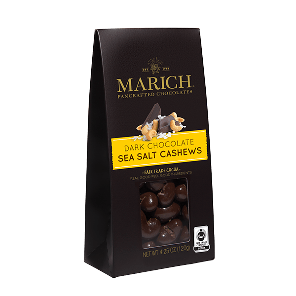MARICH - Dark Chocolate Sea Salt Cashews - Gable Box - Fresh whole roasted cashews are layered in our premium rich dark chocolate with a hint of sea salt. Our signature gable box is the perfect indulgent gift for any occasion. 4.25 oz